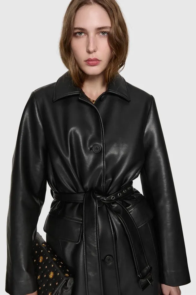 Women Rebecca Minkoff Outerwear Belted Vegan Leather Trench Black Women Rebecca Minkoff Outerwear Belted Vegan Leather Trench Black
