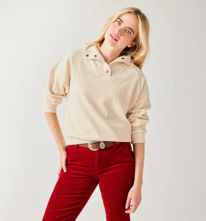 Women Ribbed Velours Sweatshirt 8211 Ecru Promod Jumpers And Cardigans