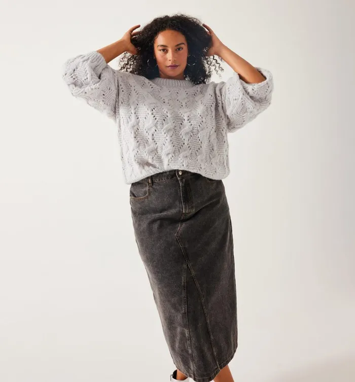 Women RoundNeck CableKnit Jumper 8211 Light Grey Promod Jumpers And Cardigans