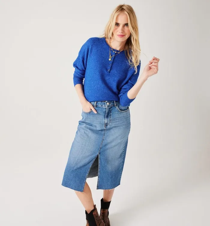 Women RoundNeck Jumper With Buttons 8211 Blue Promod Jumpers And Cardigans