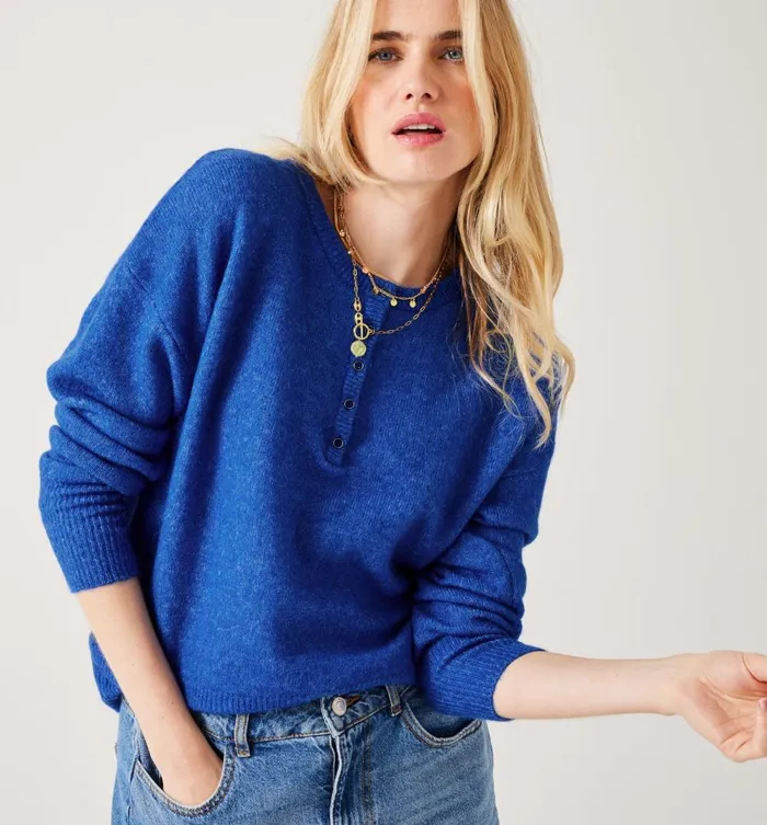 Women RoundNeck Jumper With Buttons 8211 Blue Promod Jumpers And Cardigans Women RoundNeck Jumper With Buttons 8211 Blue Promod Jumpers And Cardigans