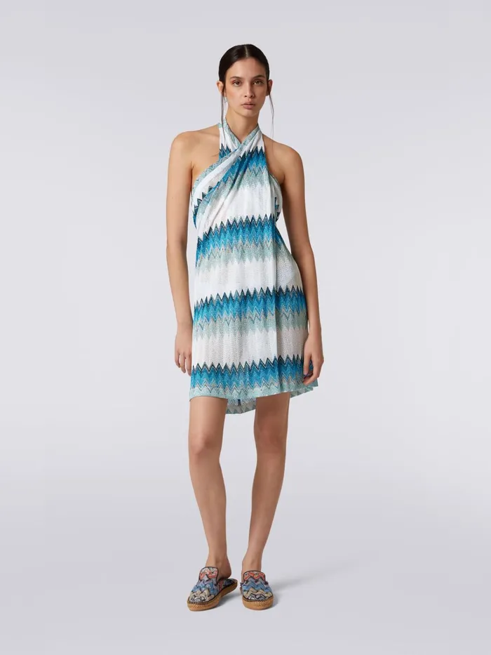 Women Sarong Piece Cover Up Dress With Lam Zigzag White Blue and Sky Blue Missoni Beachwear
