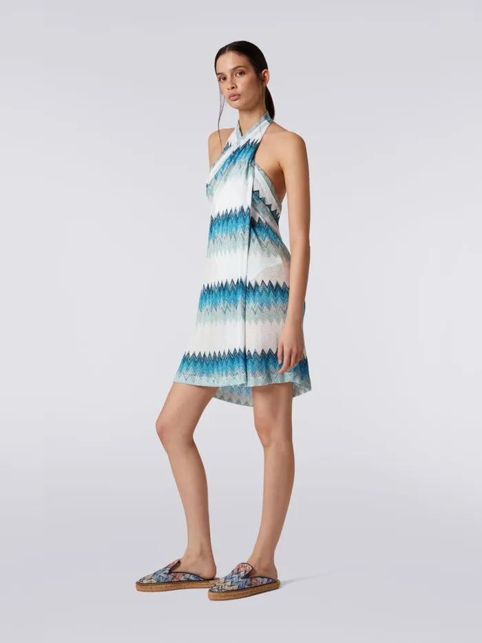 Women Sarong Piece Cover Up Dress With Lam Zigzag White Blue and Sky Blue Missoni Beachwear