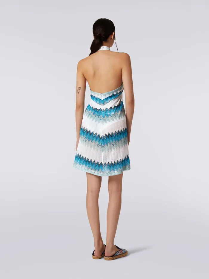 Women Sarong Piece Cover Up Dress With Lam Zigzag White Blue and Sky Blue Missoni Beachwear