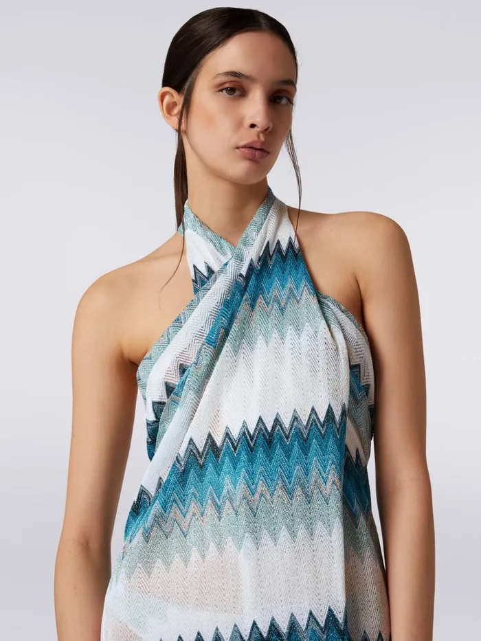 Women Sarong Piece Cover Up Dress With Lam Zigzag White Blue and Sky Blue Missoni Beachwear
