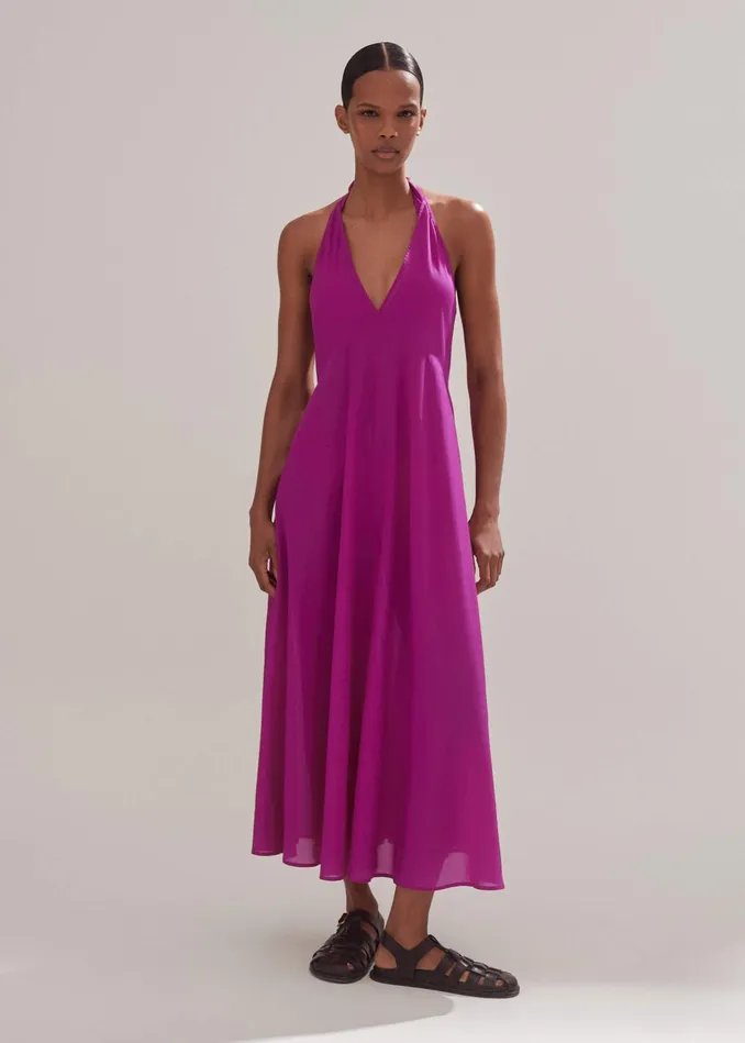 Women Sheer Halterneck Maxi Slip Dress Orchid Purple MEEM