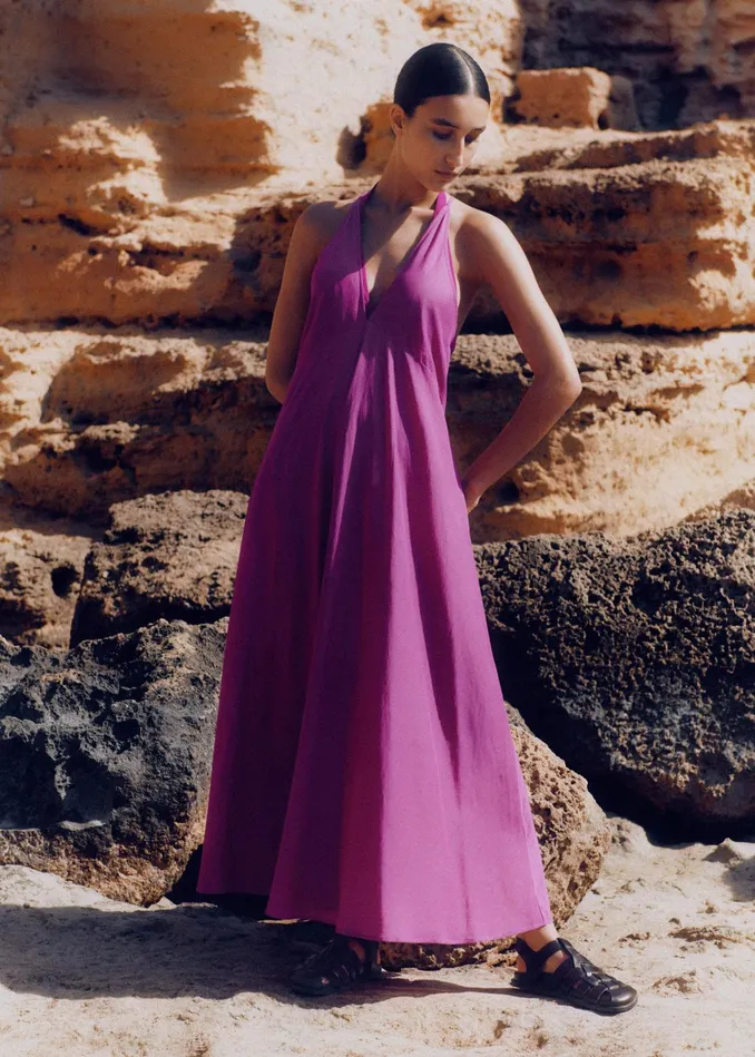 Women Sheer Halterneck Maxi Slip Dress Orchid Purple MEEM