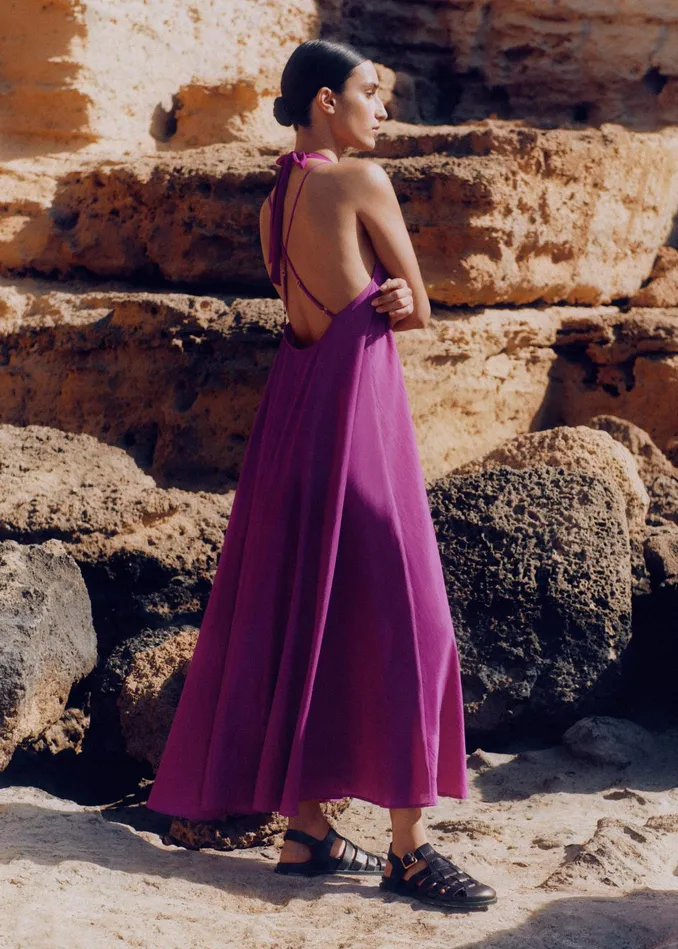 Women Sheer Halterneck Maxi Slip Dress Orchid Purple MEEM