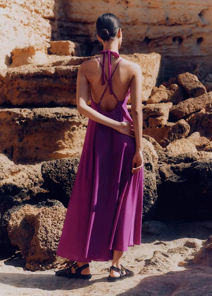 Women Sheer Halterneck Maxi Slip Dress Orchid Purple MEEM