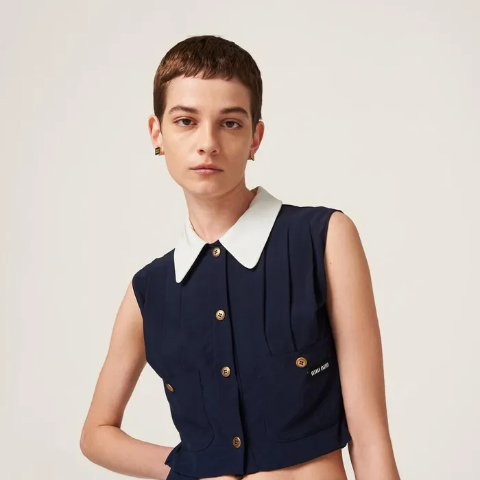Women Shirts And Tops Miu Miu Pleated Marocain Top Navy Women Shirts And Tops Miu Miu Pleated Marocain Top Navy