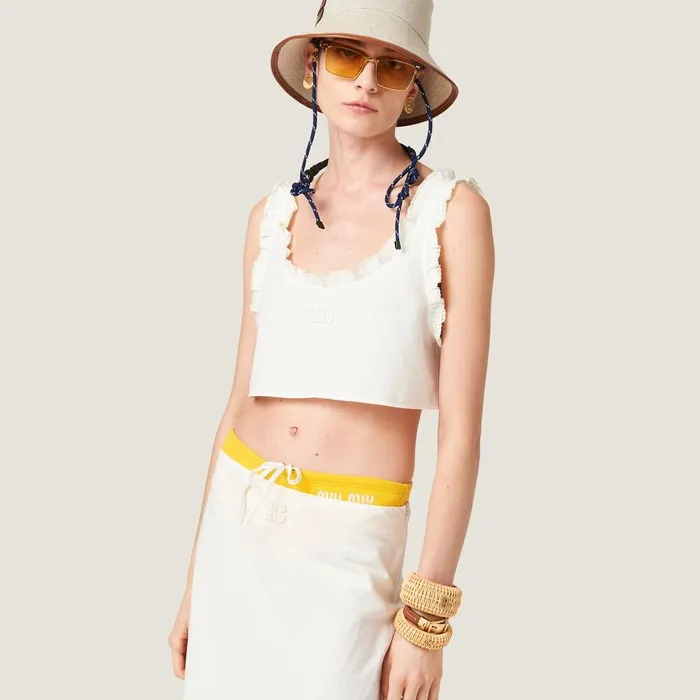 Women Shirts And Tops Miu Miu Slubbed Canvas Top Ivory Women Shirts And Tops Miu Miu Slubbed Canvas Top Ivory