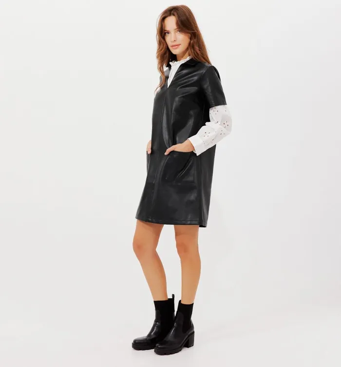 Women Short Faux Leather Dress 8211 Black Promod Dresses