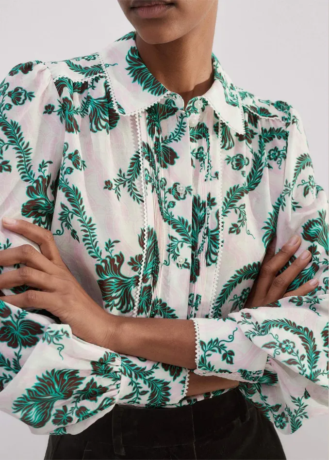 Women Silk Cotton Midnight Floral Print Blouse Light Creamblackgreen MEEM