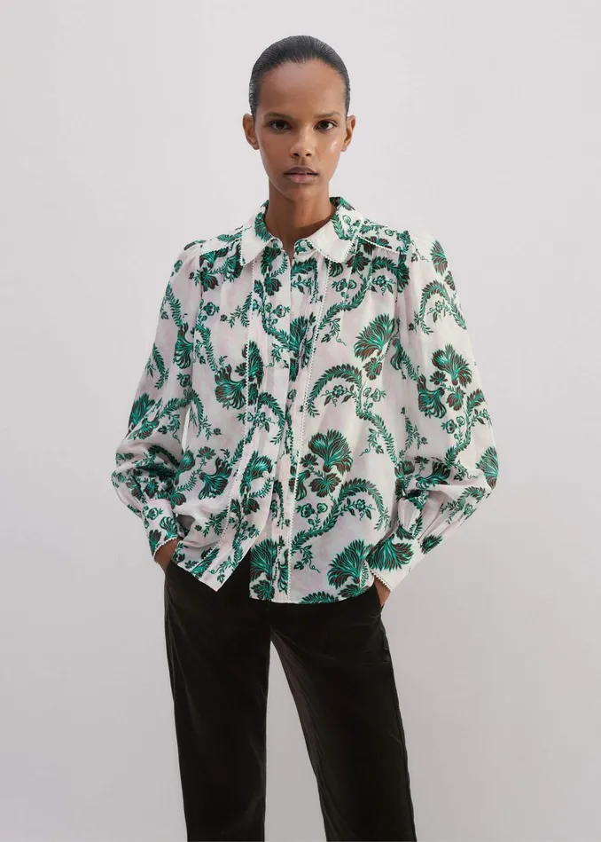 Women Silk Cotton Midnight Floral Print Blouse Light Creamblackgreen MEEM