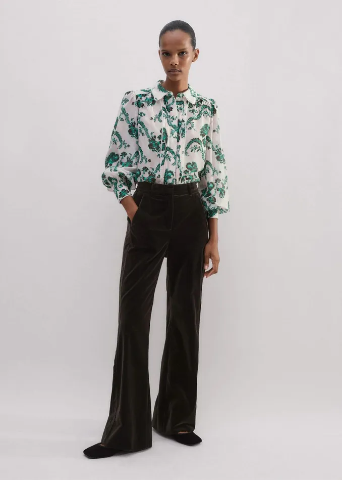 Women Silk Cotton Midnight Floral Print Blouse Light Creamblackgreen MEEM