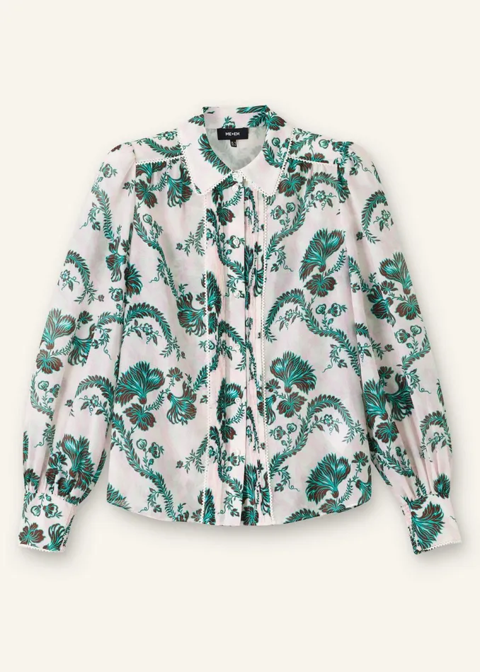 Women Silk Cotton Midnight Floral Print Blouse Light Creamblackgreen MEEM