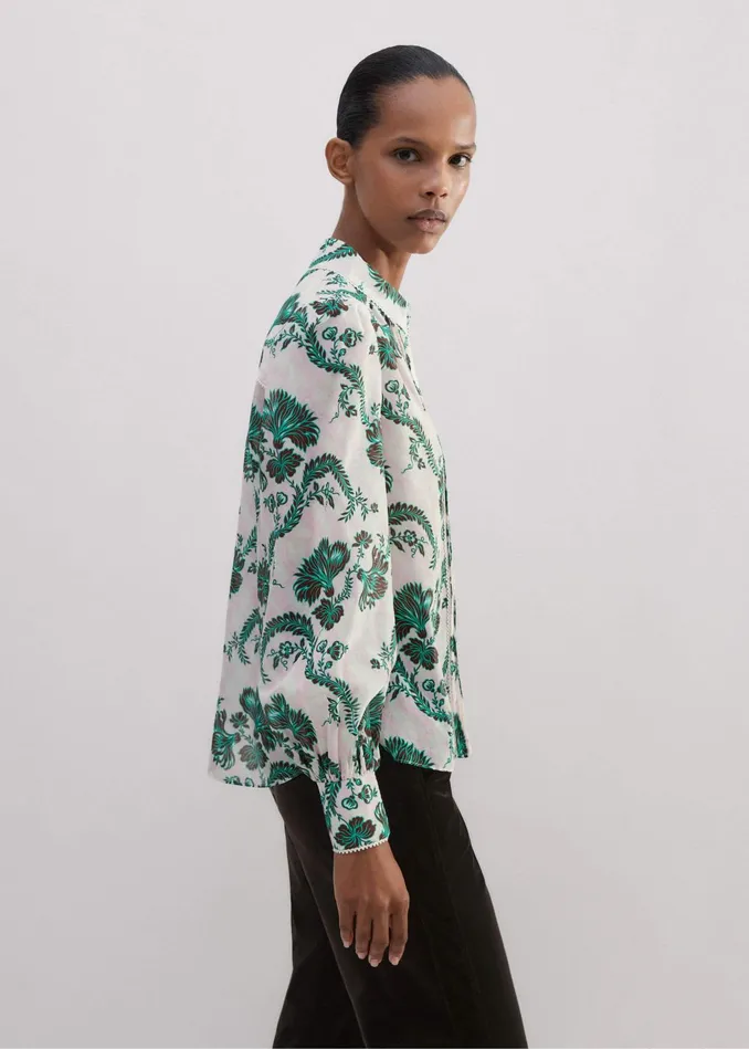 Women Silk Cotton Midnight Floral Print Blouse Light Creamblackgreen MEEM