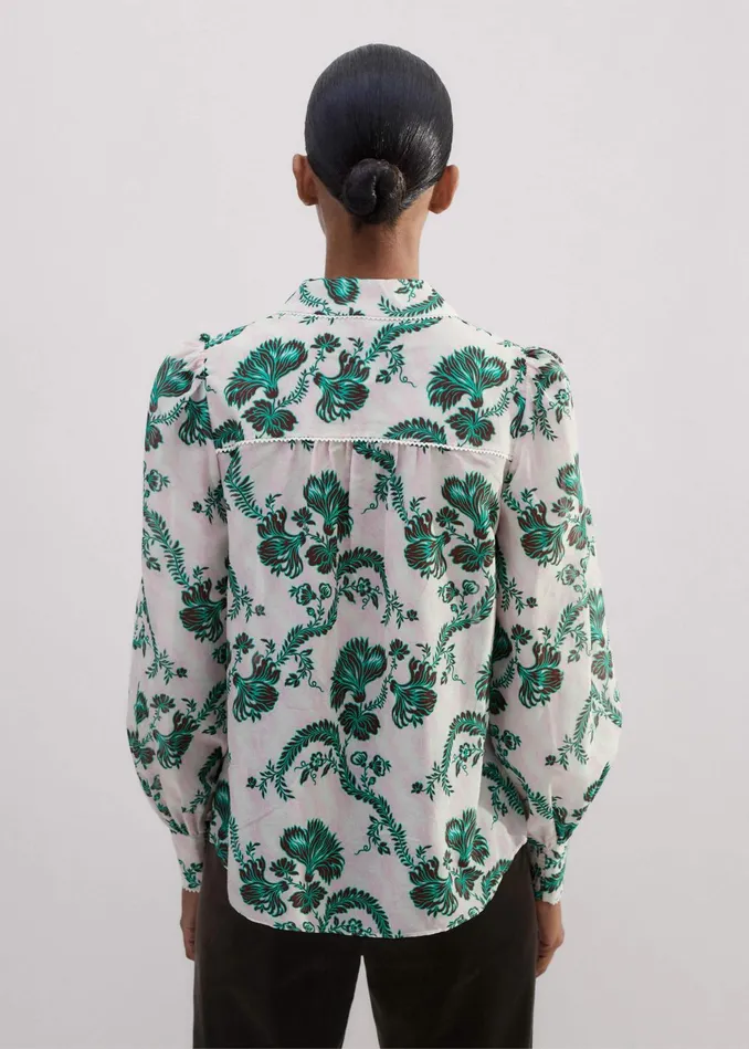 Women Silk Cotton Midnight Floral Print Blouse Light Creamblackgreen MEEM
