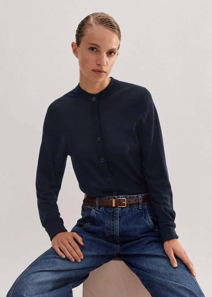 Women Superfine Merino Crew Neck Cardigan Navy MEEM