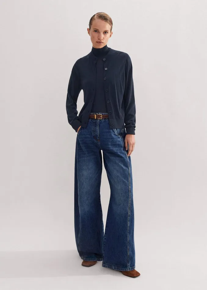 Women Superfine Merino Crew Neck Cardigan Navy MEEM