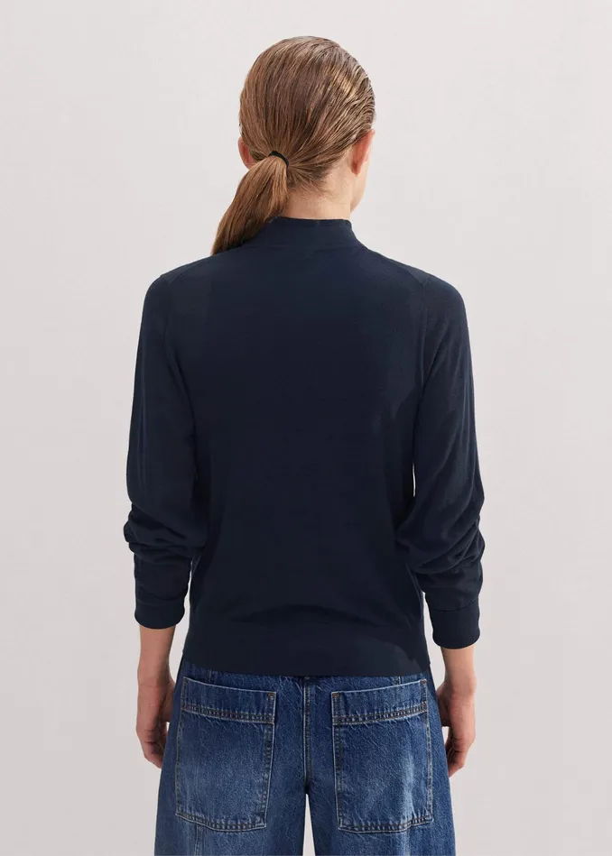Women Superfine Merino Crew Neck Cardigan Navy MEEM