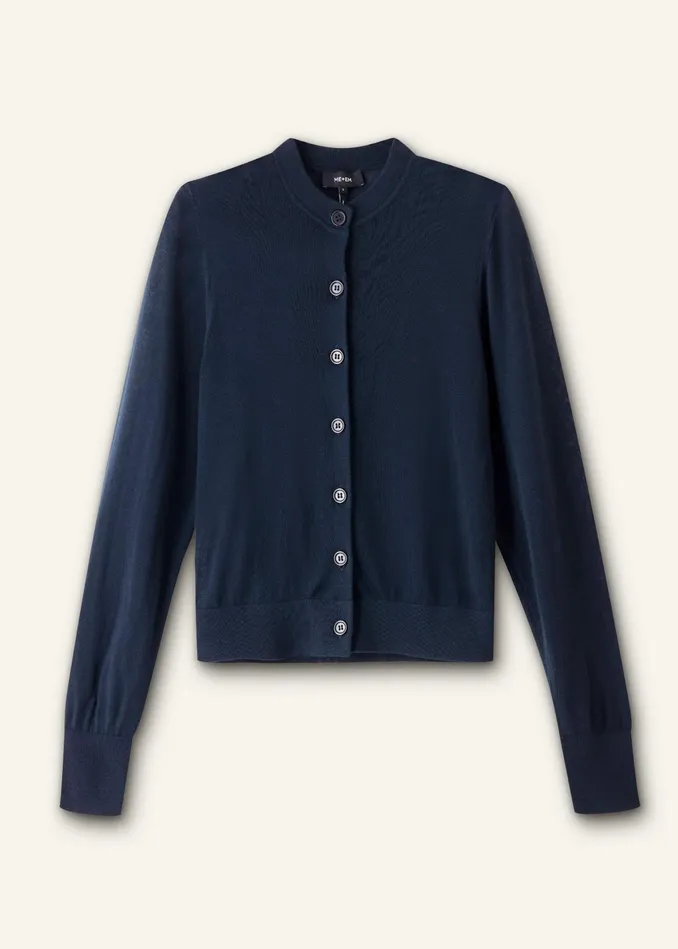 Women Superfine Merino Crew Neck Cardigan Navy MEEM