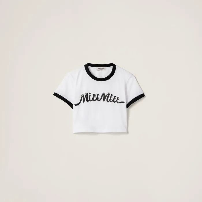 Women TShirts And Sweatshirts Miu Miu Cotton Jersey Tshirt With Printed Logo Whiteblack