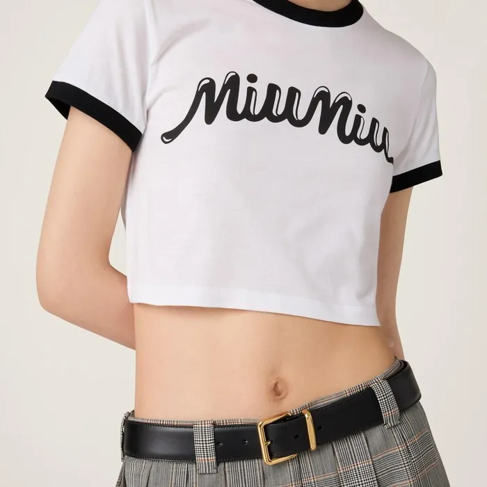 Women TShirts And Sweatshirts Miu Miu Cotton Jersey Tshirt With Printed Logo Whiteblack Women TShirts And Sweatshirts Miu Miu Cotton Jersey Tshirt With Printed Logo Whiteblack