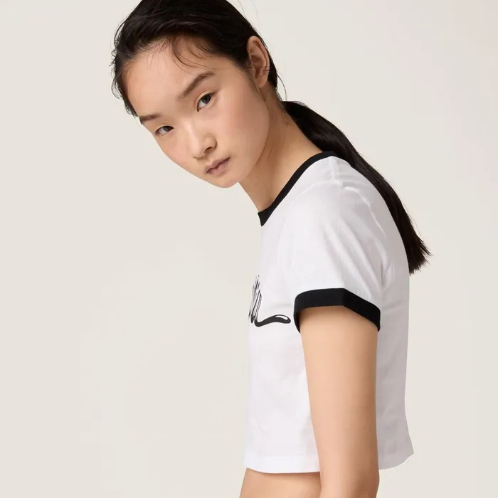 Women TShirts And Sweatshirts Miu Miu Cotton Jersey Tshirt With Printed Logo Whiteblack Women TShirts And Sweatshirts Miu Miu Cotton Jersey Tshirt With Printed Logo Whiteblack