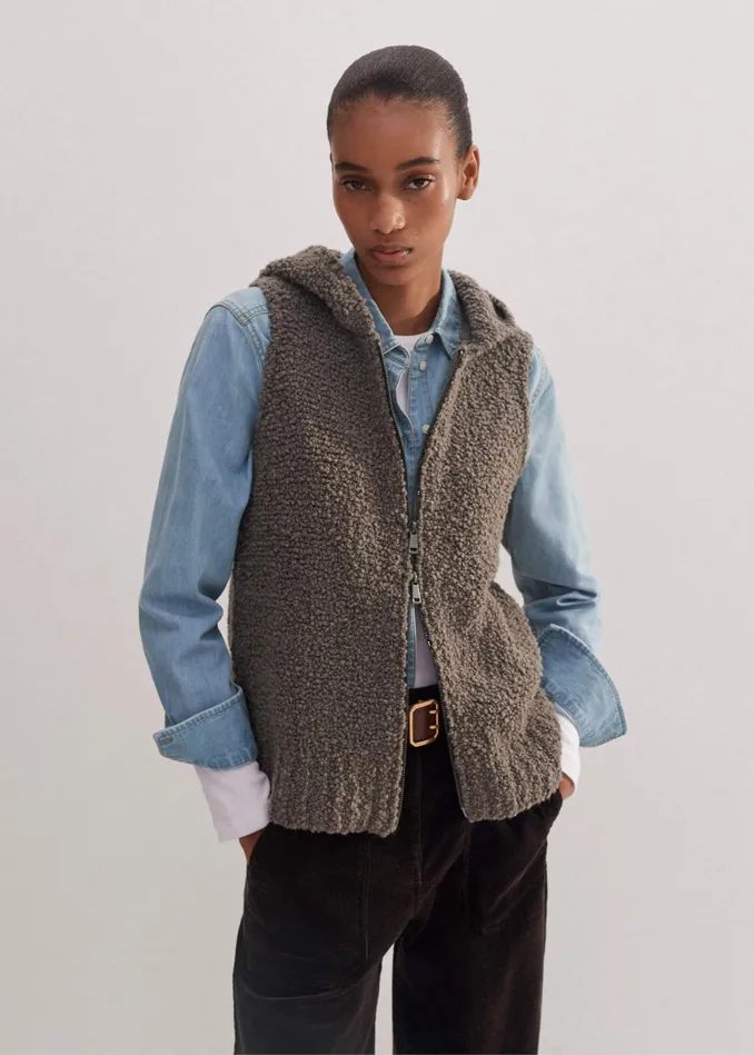 Women Teddy Merino Boucl TwoWay Zip Sleeveless Hoody Mocha MEEM