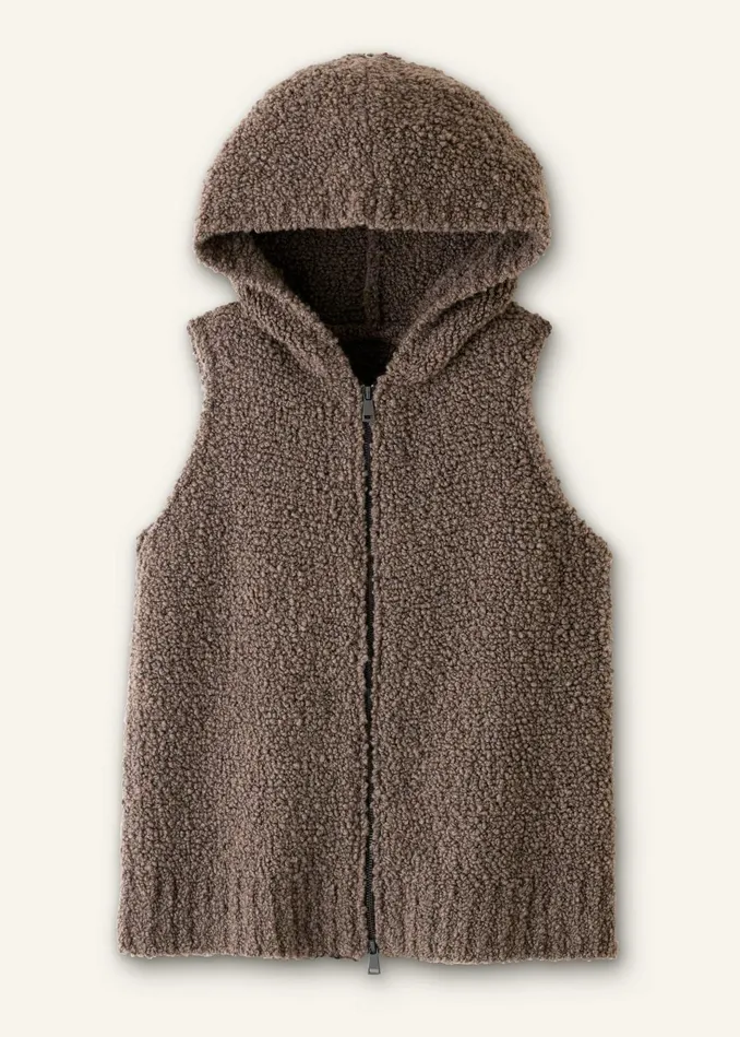 Women Teddy Merino Boucl TwoWay Zip Sleeveless Hoody Mocha MEEM