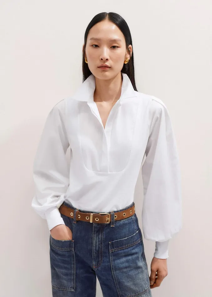 Women Texture Clash Layering Shirt Fresh White MEEM