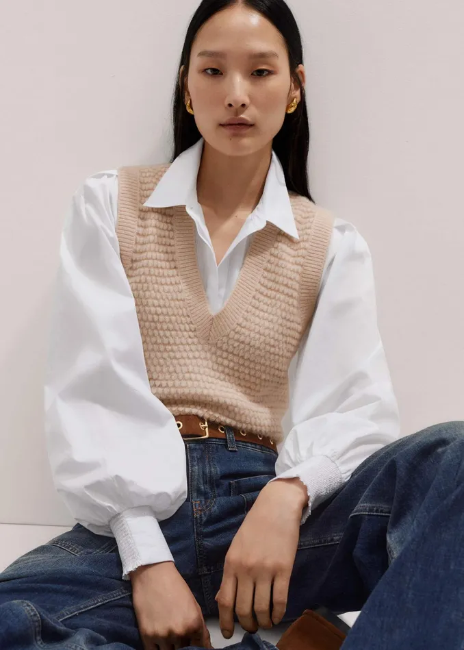 Women Texture Clash Layering Shirt Fresh White MEEM