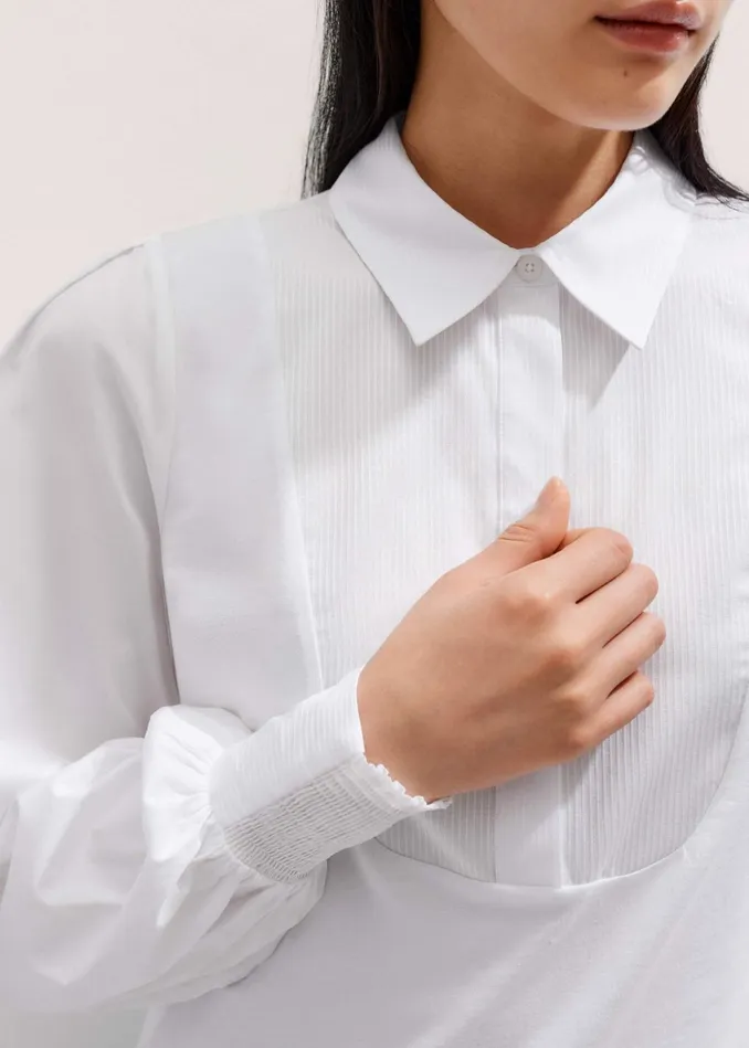 Women Texture Clash Layering Shirt Fresh White MEEM