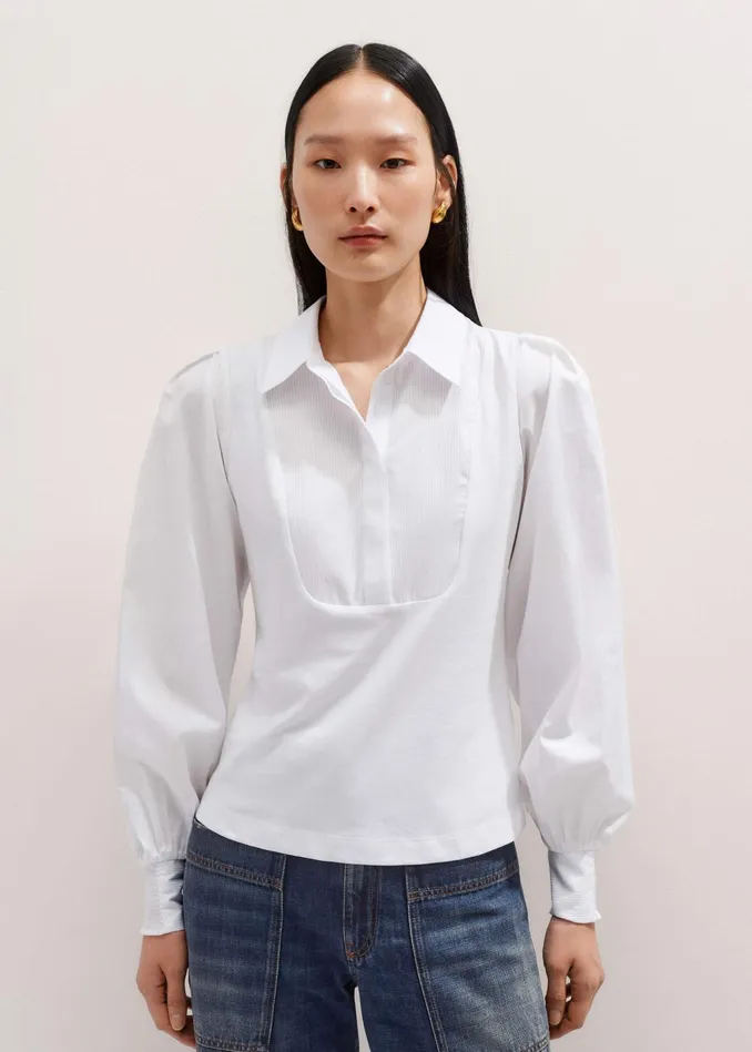 Women Texture Clash Layering Shirt Fresh White MEEM