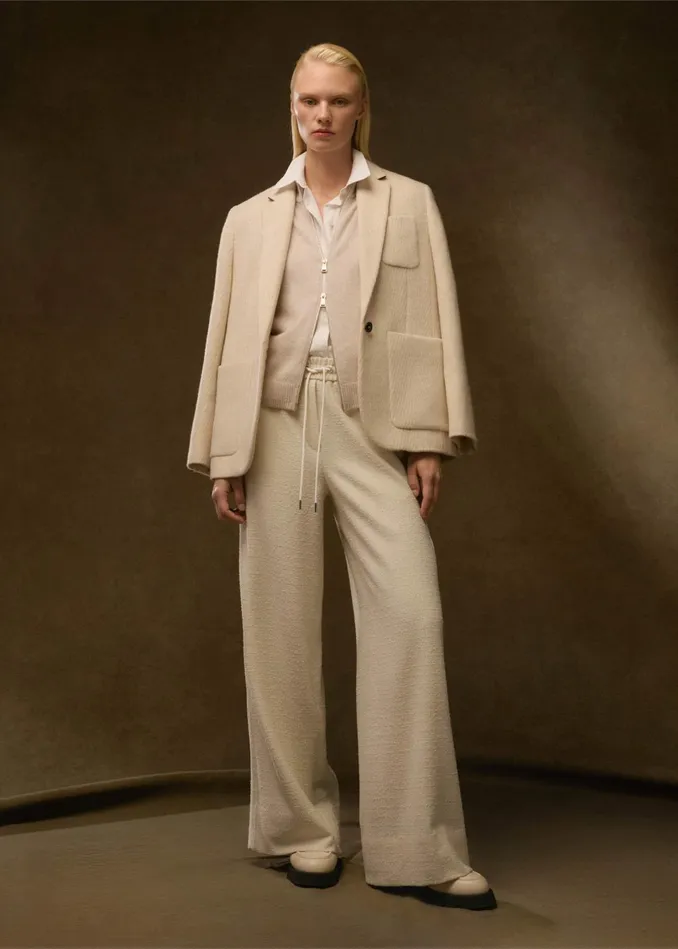 Women Textured Tailoring WideLeg Track Pant Cream MEEM