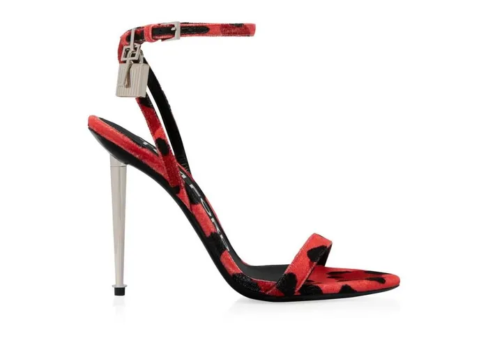 Women The Padlock Tom Ford Leopard Print Velvet Padlock Pointy Naked Sandal Candy Redblack