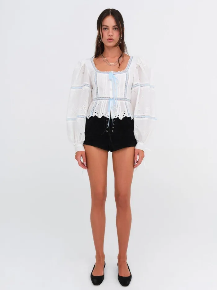 Women Tops For Love and Lemons Rowan Eyelet Top Blue Women Tops For Love and Lemons Rowan Eyelet Top Blue