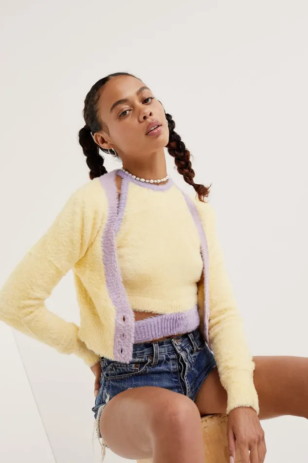 Women Tops For Love and Lemons Sheila Cropped Cardigan Yellow Women Tops For Love and Lemons Sheila Cropped Cardigan Yellow
