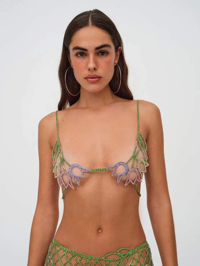 Women Tops For Love and Lemons Tulip Grid Rhinestone Bralette Green
