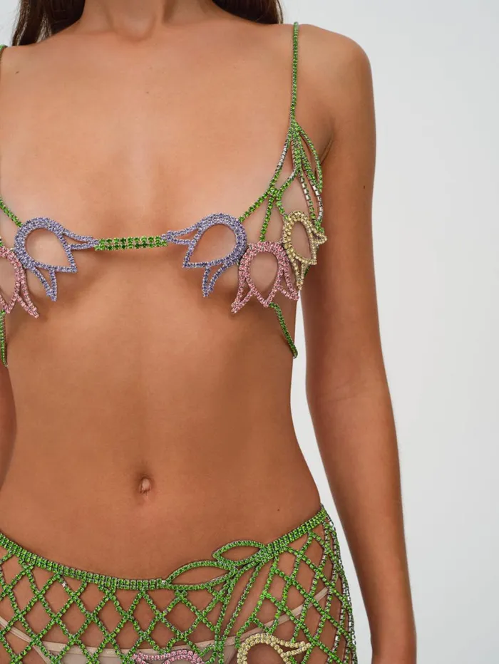 Women Tops For Love and Lemons Tulip Grid Rhinestone Bralette Green Women Tops For Love and Lemons Tulip Grid Rhinestone Bralette Green
