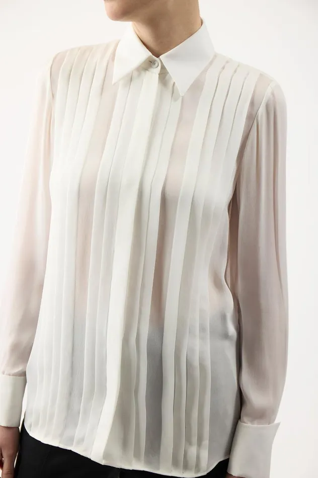 Women Tops Gabriela Hearst Aime Corrugated Shirt In Ivory Silk Georgette Twill