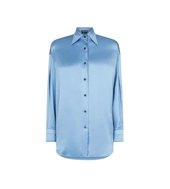 Women Tops Tom Ford Stretch Silk Satin Relaxed Fit Shirt Light Avio