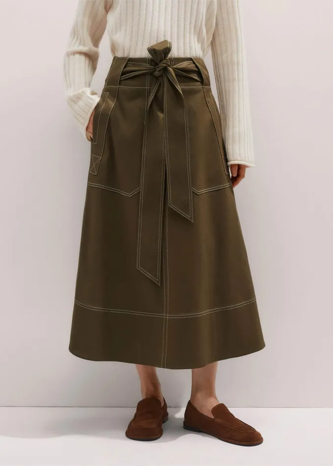 Women Twill Contrast Stitch Maxi Skirt Duffle Green MEEM