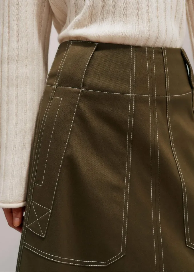Women Twill Contrast Stitch Maxi Skirt Duffle Green MEEM
