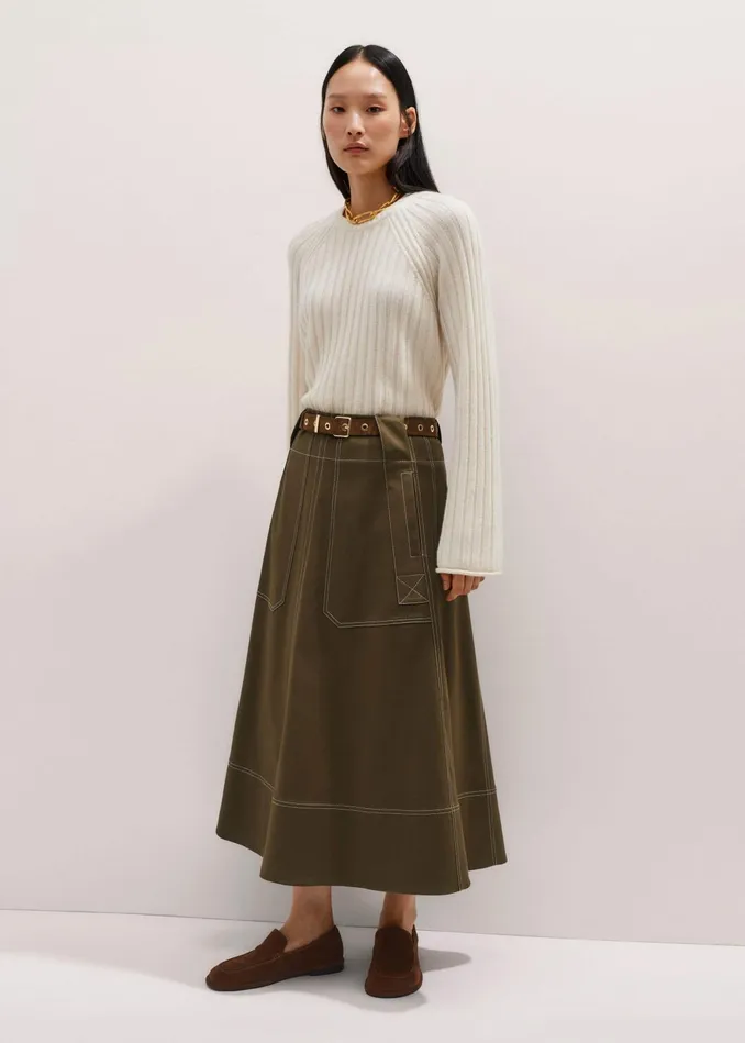 Women Twill Contrast Stitch Maxi Skirt Duffle Green MEEM