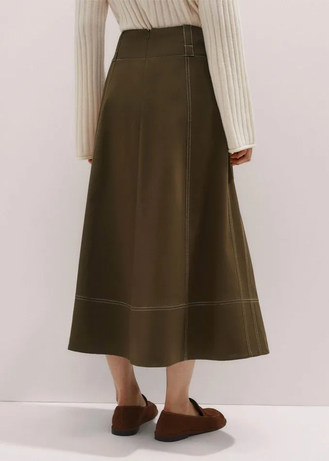 Women Twill Contrast Stitch Maxi Skirt Duffle Green MEEM