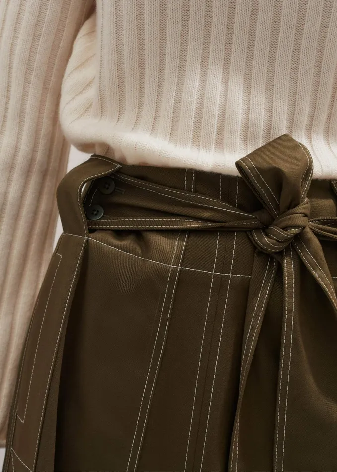 Women Twill Contrast Stitch Maxi Skirt Duffle Green MEEM