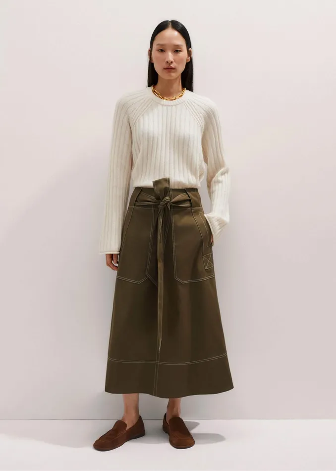 Women Twill Contrast Stitch Maxi Skirt Duffle Green MEEM