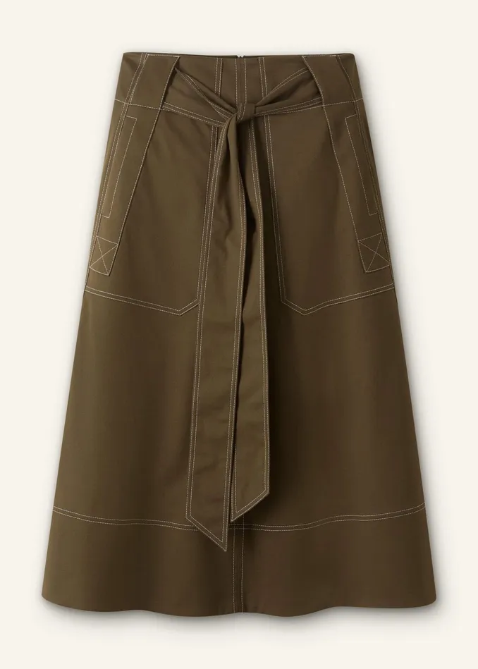 Women Twill Contrast Stitch Maxi Skirt Duffle Green MEEM